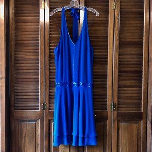 London Times Blue Halter V-Neck Embellished Sequence Dress